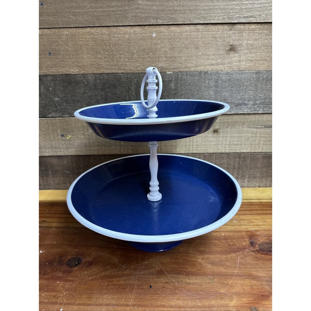 Blue White Two Tier Metal Serving Tray 12” Tall